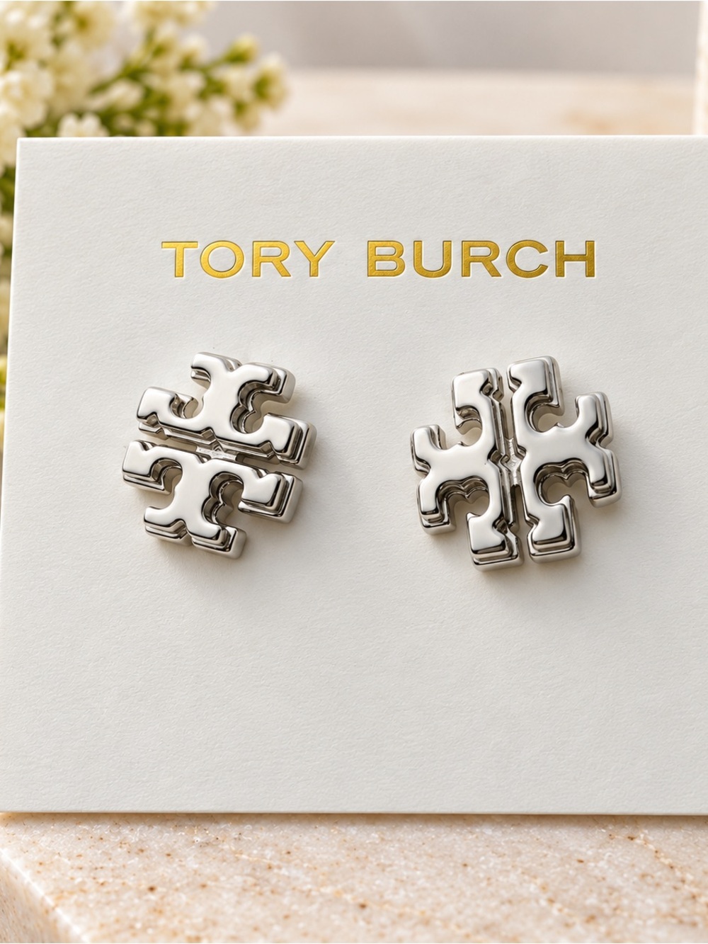 Tory Burch Silver Logo Stud Earrings